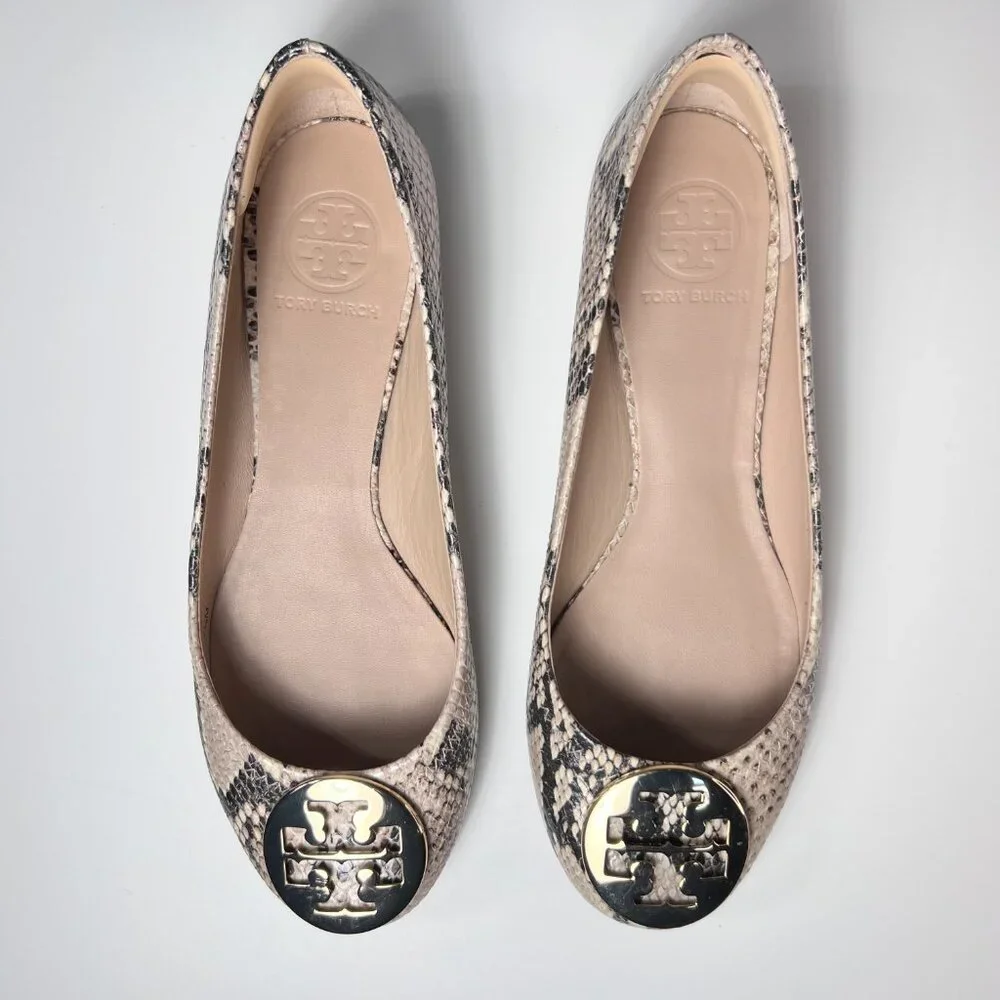 TORY BURCH Reva Ballet Roccia Python Flats with Metal Logo 7.5